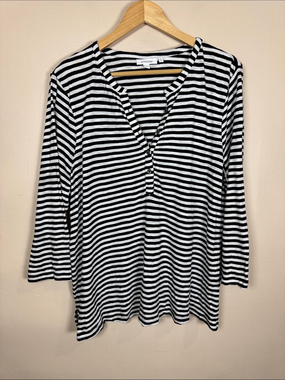 Chico's Womens Striped Henley Tee  Cotton Modal preppy Coastal Classic XL